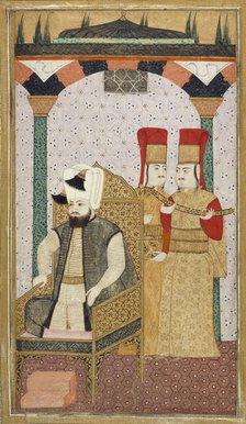 Sultan Mehmet III (reigned 1595-1603) Enthroned, Attended by Two Janissaries, c1600. Creator: Unknown.