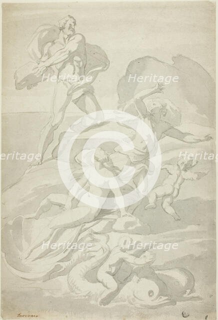 Polyphemus Throwing Boulder at Acis, with Galatea (recto), and Pholyphemus Lifting Boulder (verso). Creator: William Taverner.