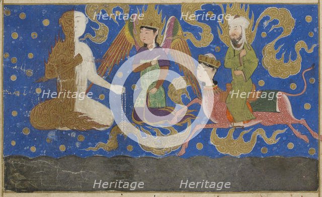 Ascent of Muhammad to Heaven. From Miraj Nameh, 1436. Creator: Anonymous.