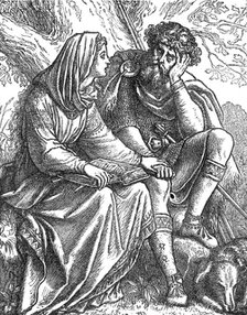 Queen Margaret Reading the Bible to King Malcolm, from "The Shores of Fife", 1872. Creator: Unknown.