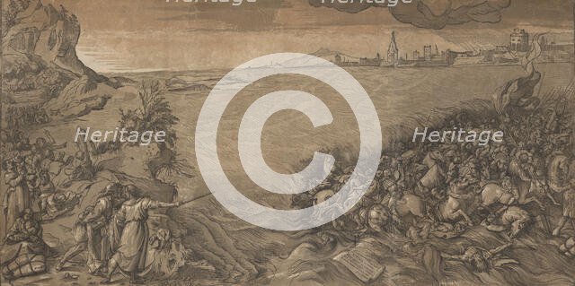 The crossing of the red sea, Moses stands at the left pointing to the army being submerged..., 1589. Creator: Andrea Andreani.