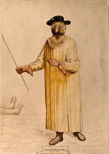 A physician wearing a seventeenth century plague preventive costume. Creator: Unknown.
