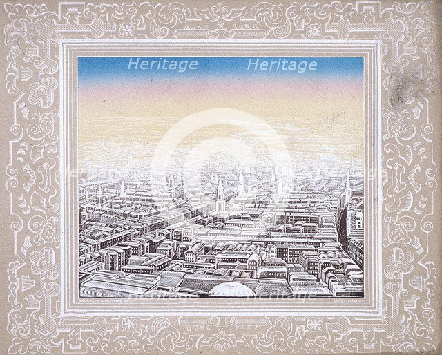 Aerial view of London framed in a decorative border, c1845. Artist: Kronheim & Co