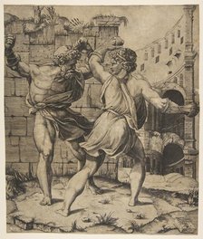 Entellus and Dares fighting in front of classical ruins, 1520-25. Creator: Marco Dente.