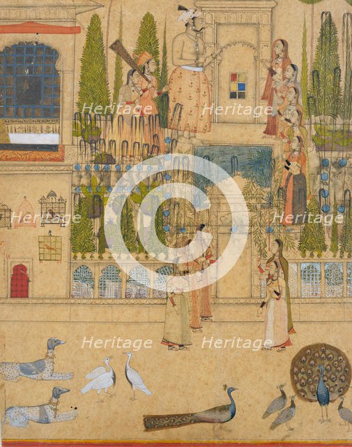 Maharana Amar Singh II with Ladies of the Zenana outside the Picture Hall at Rajnagar, ca. 1707-8. Creator: Attributed to Stipple Master (Indian, active ca. 1690-1715).