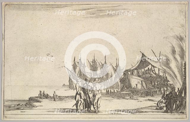 Three men wearing hats standing in center, men fixing a ship to right, five ships and vari..., 1639. Creator: Stefano della Bella.
