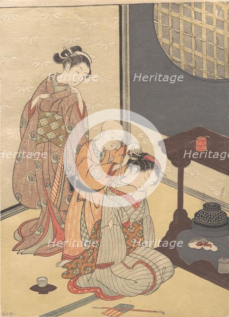 Night Rain at the Double-Shelf Stand, from the series Eight Parlor Views ..., ca. late 18th century. Creator: Suzuki Harunobu.