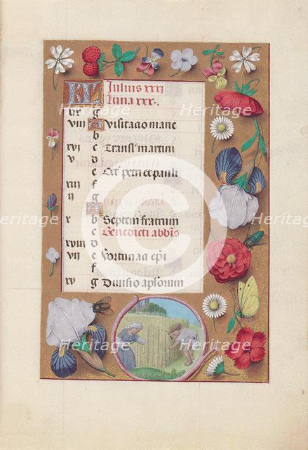 Hours of Queen Isabella the Catholic, Queen of Spain: Fol. 8r, July - Harvesting Wheat, c. 1500. Creator: Master of the First Prayerbook of Maximillian (Flemish, c. 1444-1519); Associates, and.
