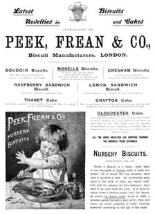 Advertisement for Peek, Freak & Co., biscuit manufacturers, 1895. Creator: Unknown.