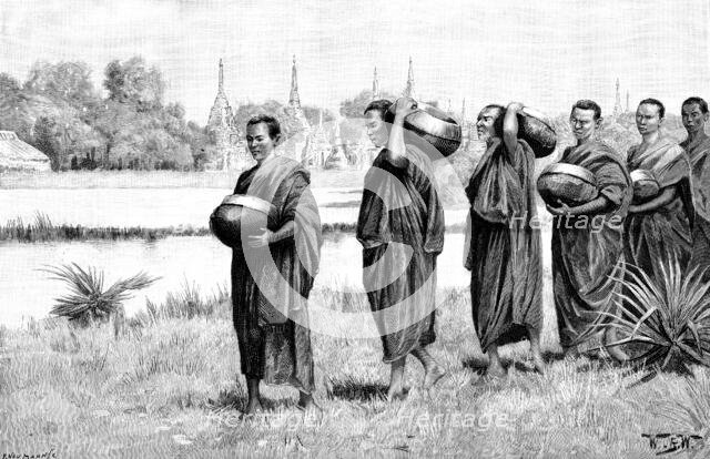 Sketches in Burmah: Buddhist monastery - Phoongyees...with alms begged for their morning meal, 1890. Creator: P Naumann.