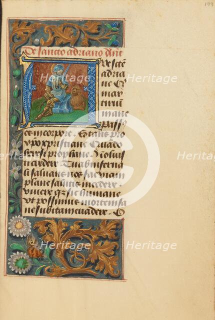 Initial A: Saint Adrian; Crohin-La Fontaine Hours, (about 1480-1485?). Creators: Master of the Dresden Prayer Book, Workshop of the Master of the Dresden Prayer Book.