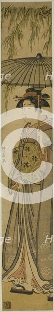 Geisha Carrying a Parasol under a Willow Tree, c. 1784. Creator: Torii Kiyonaga.