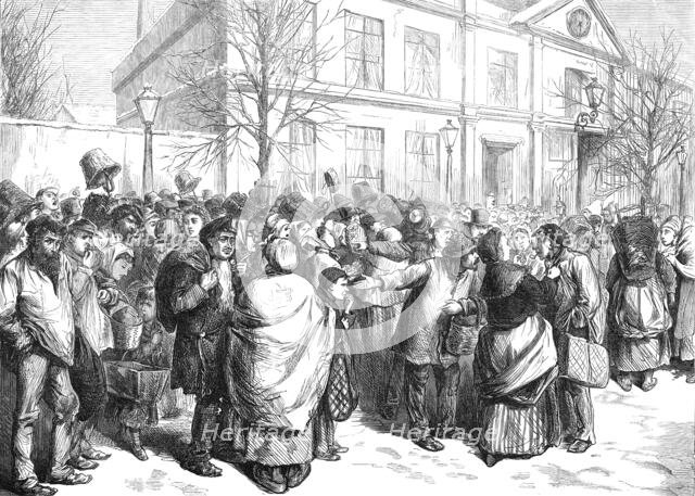 Waiting for coke at the gasworks, Barrière d'Italie, Paris, (sketch by balloon post), 1871. Creator: Unknown.