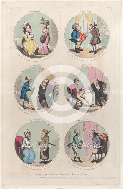 Caricature Medallions for Screens &c: A Morning Visitor, An Evening Visitor, A We..., April 1, 1800. Creator: Thomas Rowlandson.