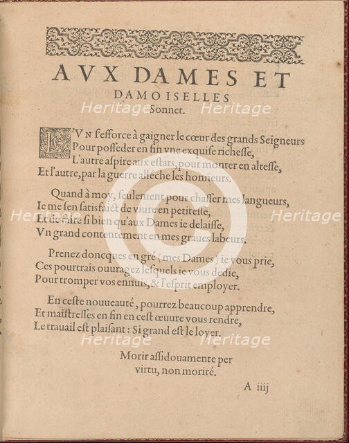 Les Singuliers et Nouveaux Portraicts... page 3 (recto), 1588. Creator: Federico de Vinciolo.
