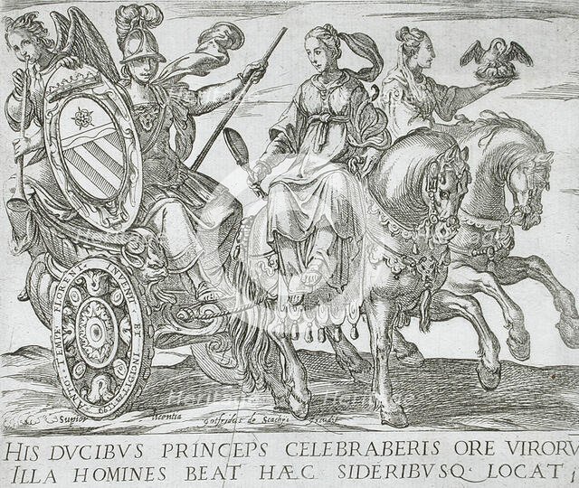 Frontispiece with Minerva in a Chariot Driven by Prudence and Charity (Horses of Different...), 1590 Creator: Antonio Tempesta.