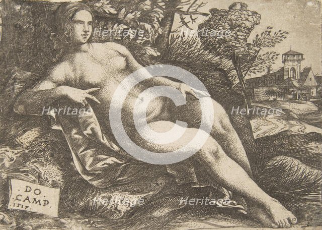 Nude woman (Venus) reclining in a landscape, 1517. Creator: Domenico Campagnola.