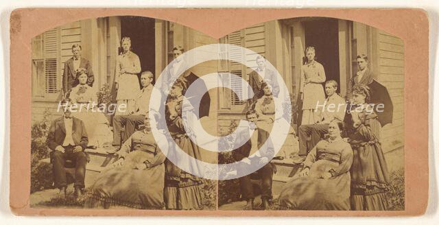 Family portrait posed on front porch of house, about 1865. Creator: Unknown.