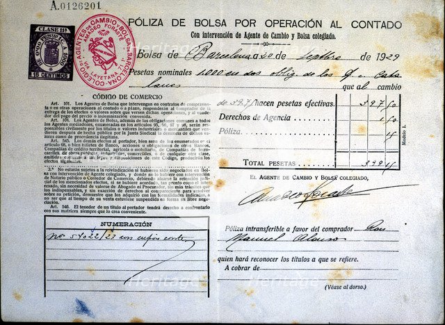 Stock policy by cash transaction issued in Barcelona in 1929, the document proves the ownership o…