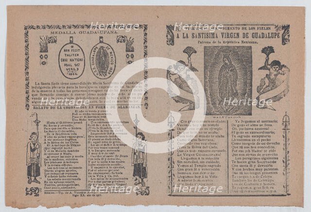 Broadsheet relating to the Virgin of Guadalupe who is shown flanked by angels, 1901., 1901. Creator: José Guadalupe Posada.