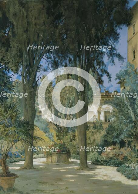 Vedute of the Embassy in Rome: Garden area with two cypresses, c1890/1900. Creator: Othmar Brioschi.