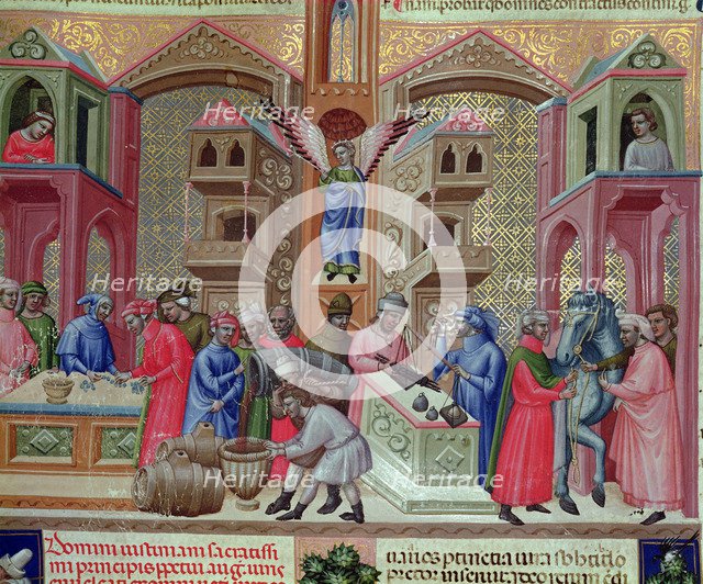 Market of the merchants, Miniature in the 'Codice Justiniano Institutiones Feodorum et Alia', ill…