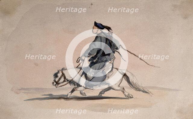 A Chinese soldier bearing weapons on his back, on horseback, 1857. Creator: Charles Wirgman.