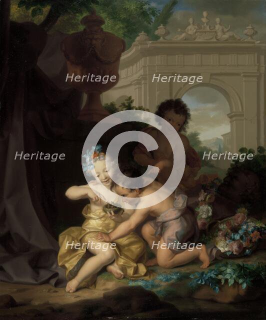 Three children playing with a bird's nest, 1718.  Creator: Isaac Walraven.