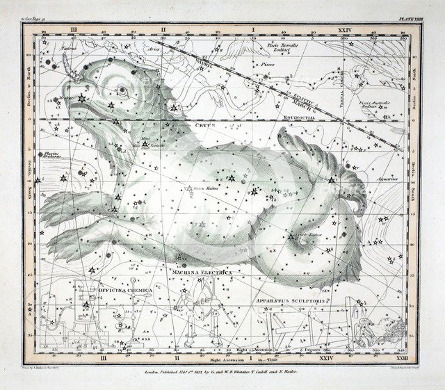 The Constellations (Plate XXIII) Cetus, Officina Sculptoris, Machina Electrica, Fornax Chemica, 1822