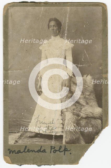 Photograph of Malenda Polk wearing a white, high collar dress., late 19th century. Creator: Unknown.