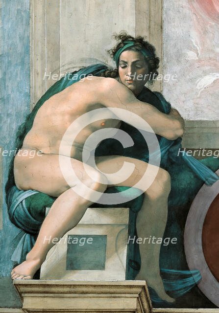 Ignudo (Sistine Chapel ceiling in the Vatican), 1508-1512. Creator: Buonarroti, Michelangelo (1475-1564).