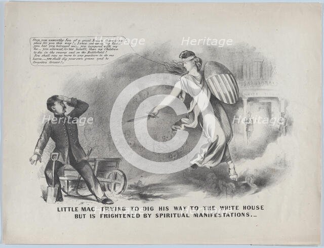 Little Mac Trying to Dig His Way to the White House, But is Frightened by Spiritual Ma..., ca. 1864. Creator: Anon.
