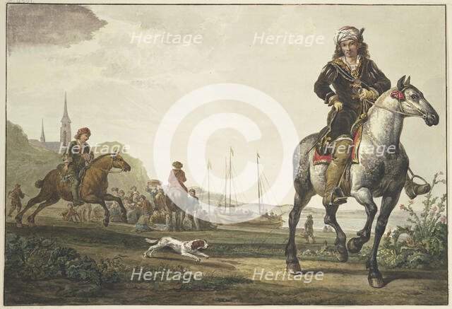 A large crowd sits by the ships on the bank of a river; a richly dressed rider with a turban... Creator: Jacob van Strij.