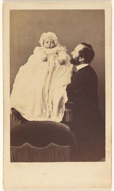 Baby in a bonnet and a long gown, about 1860. Creator: Desire Durand.