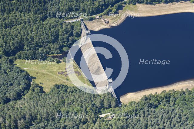 Derwent Dam with low water levels during a period of dry weather, Derbyshire, 2022. Creator: Emma Trevarthen.