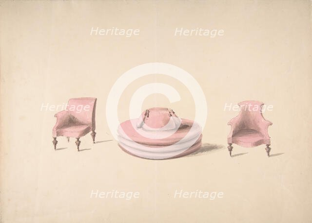Design for a Round Pink Sofa and an Armchair and a One-armed Chair, early 19th century. Creator: Anon.