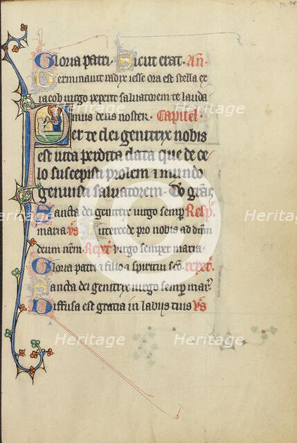 Initial P: The Virgin Mary Taking the Hand of a Person Raised from the Dead; Ruskin Hours,about 1300 Creator: Unknown.