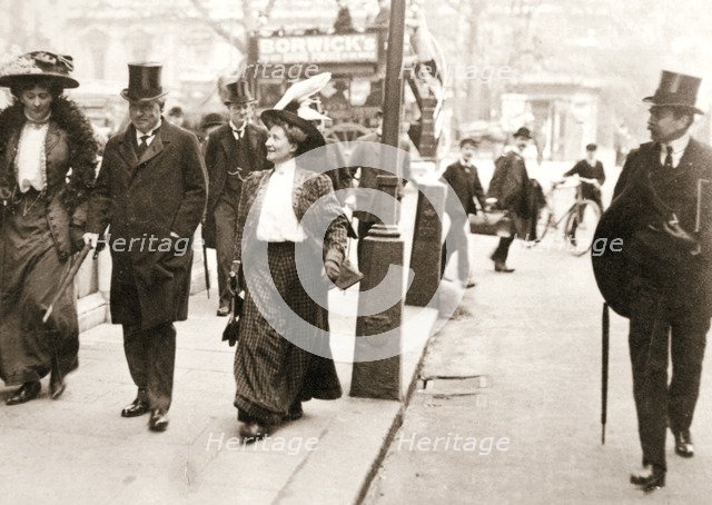 Suffragettes trying to speak to the Prime Minister, London, 1908. Artist: Unknown