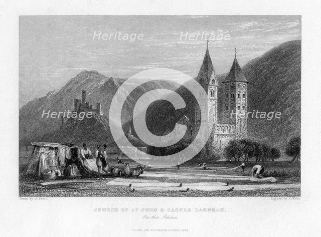 'Church of St John and Castle Lahneck on the Rhine', 1838. Artist: R Wallis