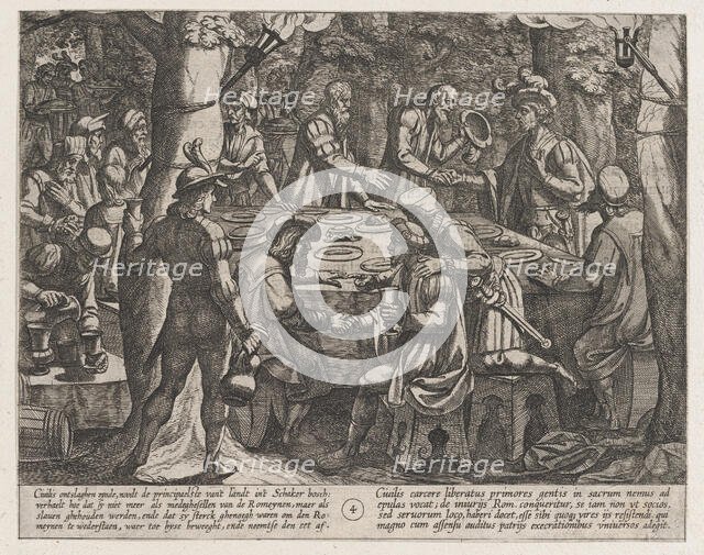 Plate 4: Civilis tells the Dutch Elders that They are Being Treated Like Slaves by the Rom..., 1611. Creator: Antonio Tempesta.