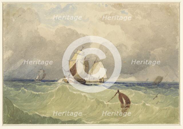Three-masters and Dutch sailing barge in the open sea, 1830-1880. Creator: Thomas Sewell Robins.