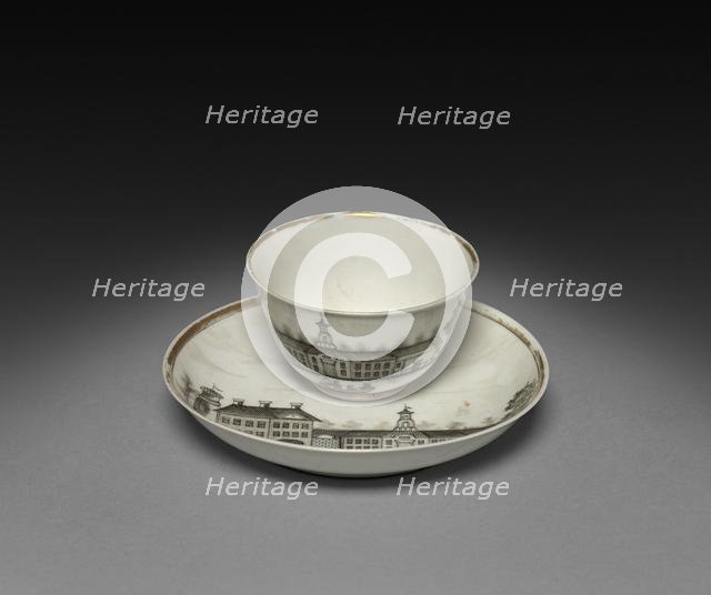 Tea Bowl and Saucer with View of Town (Cleves?), c. 1770-1785. Creator: Unknown.