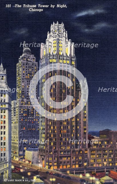 The Tribune Tower by night, Chicago, Illinois, USA, 1941. Artist: Unknown