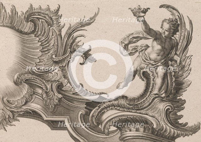 Design for a Rocaille Cartouche with the Figure of a Putto, Plate 3 from an..., Printed ca. 1750-56. Creator: Jacob Gottlieb Thelot.