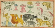 Page from a Manuscript with Images of Auspicious Animals and Offerings, Mongolia, 19th century. Creator: Unknown.
