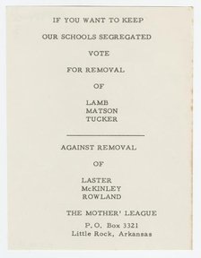 Flier with segregationist voting guide, 1959. Creator: Unknown.