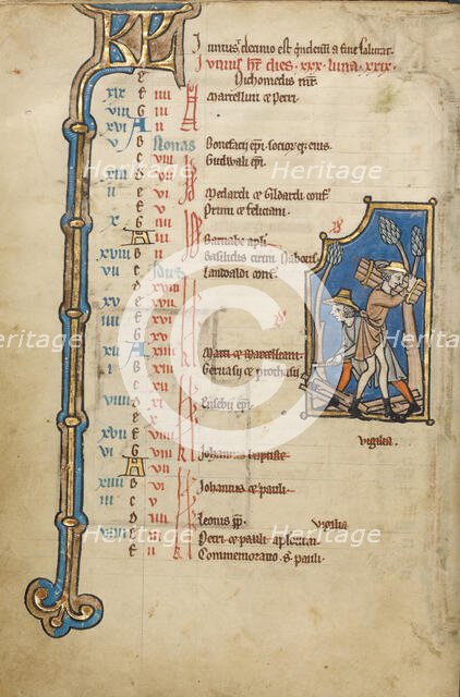 June Calendar Page; Gathering Twigs; Psalter, mid-1200s. Creator: Unknown.