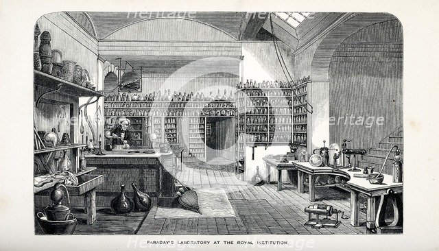 Faraday's Laboratory at the Royal Institution, pub. 1870. Creator: English School (19th Century).