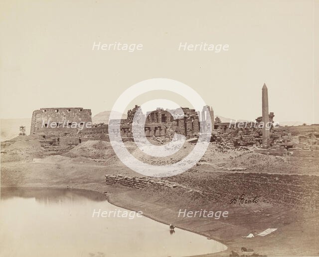 Temple of Karnak from the Sacred Lake. Luxor, East Bank, between 1860 and 1903. Creator: Antonio Beato.