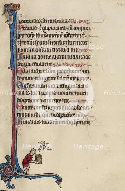 Initial I: A Bird Escaping from a Man's Basket; Bute Psalter, text and illumination about 1285. Creator: Bute Master.